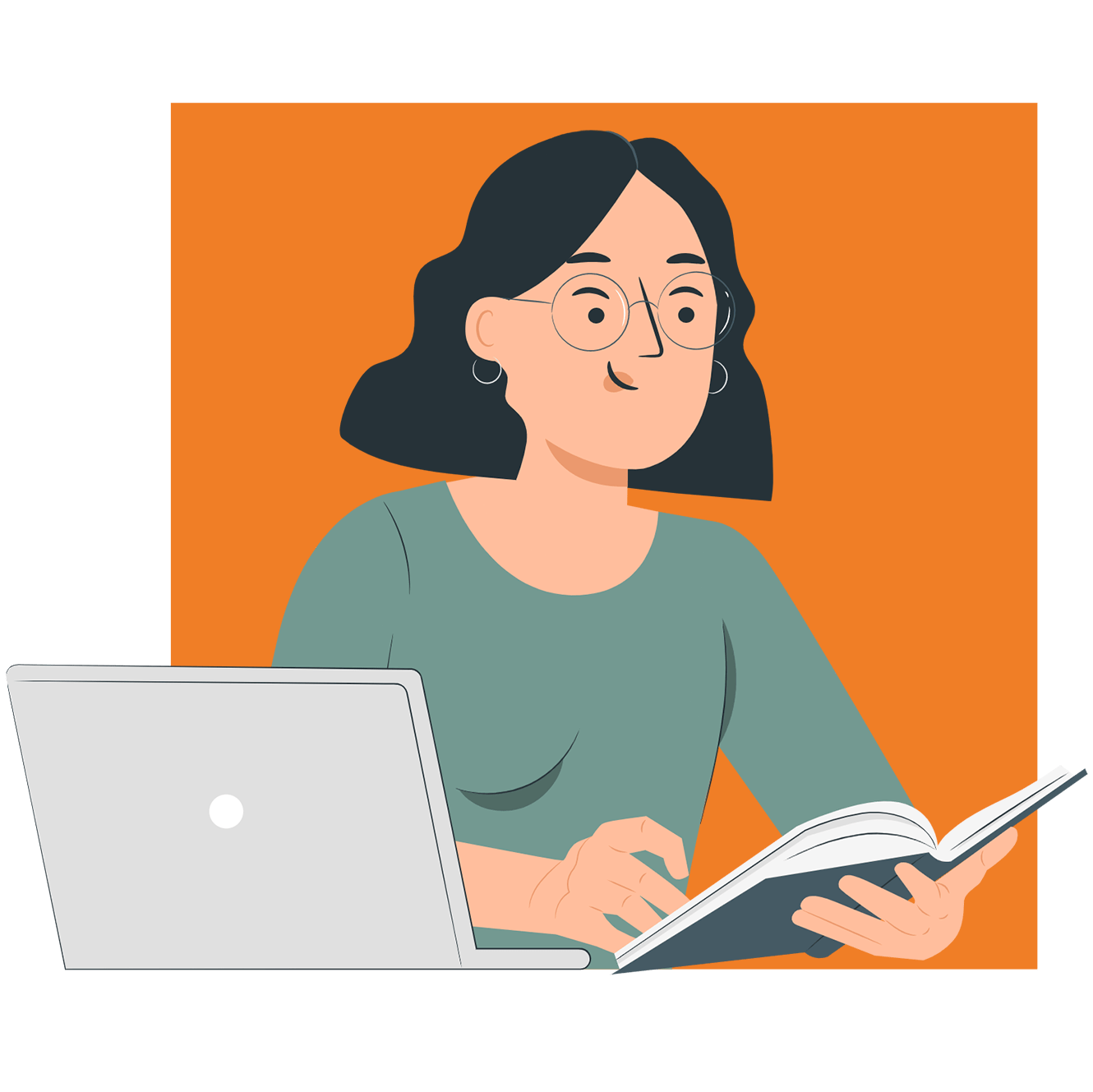 Ilustração de uma jovem branca, cabelo chanel, estudando em frente a um notebook